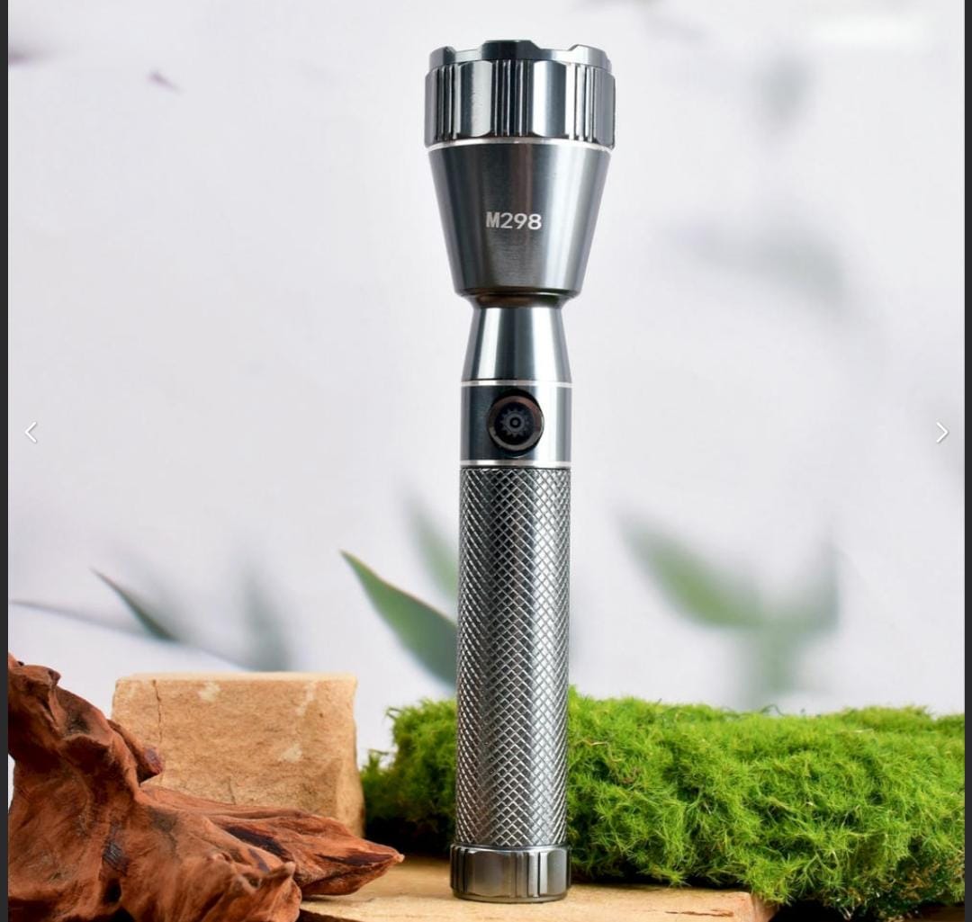 M298 (RECHARGEABLE LED METAL TORCH) Zoomable Super Bright 150W with 1500mAh Battery & 3 Modes Flashlight