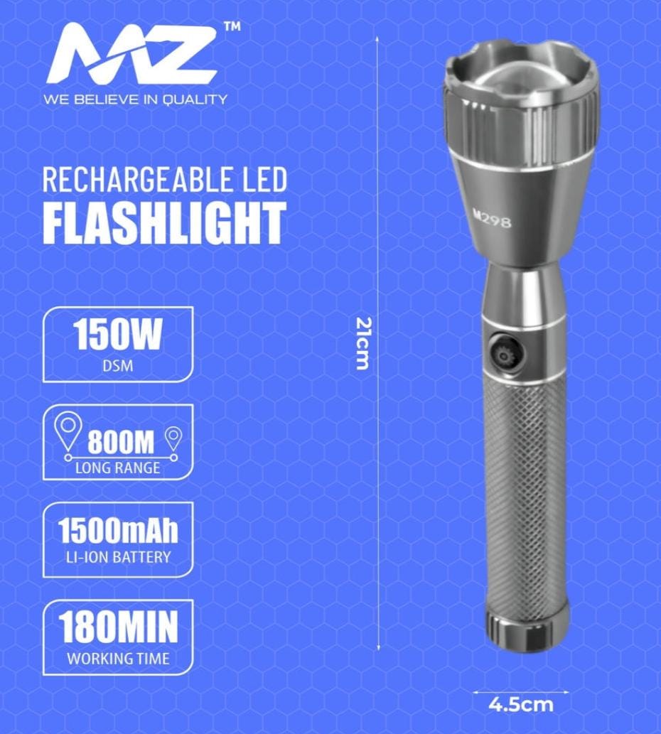 M298 (RECHARGEABLE LED METAL TORCH) Zoomable Super Bright 150W with 1500mAh Battery & 3 Modes Flashlight