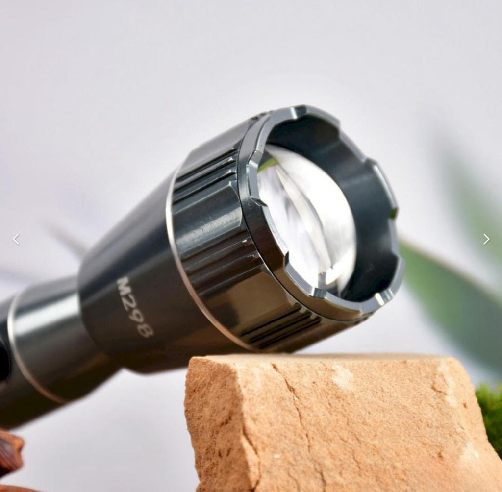 M298 (RECHARGEABLE LED METAL TORCH) Zoomable Super Bright 150W with 1500mAh Battery & 3 Modes Flashlight