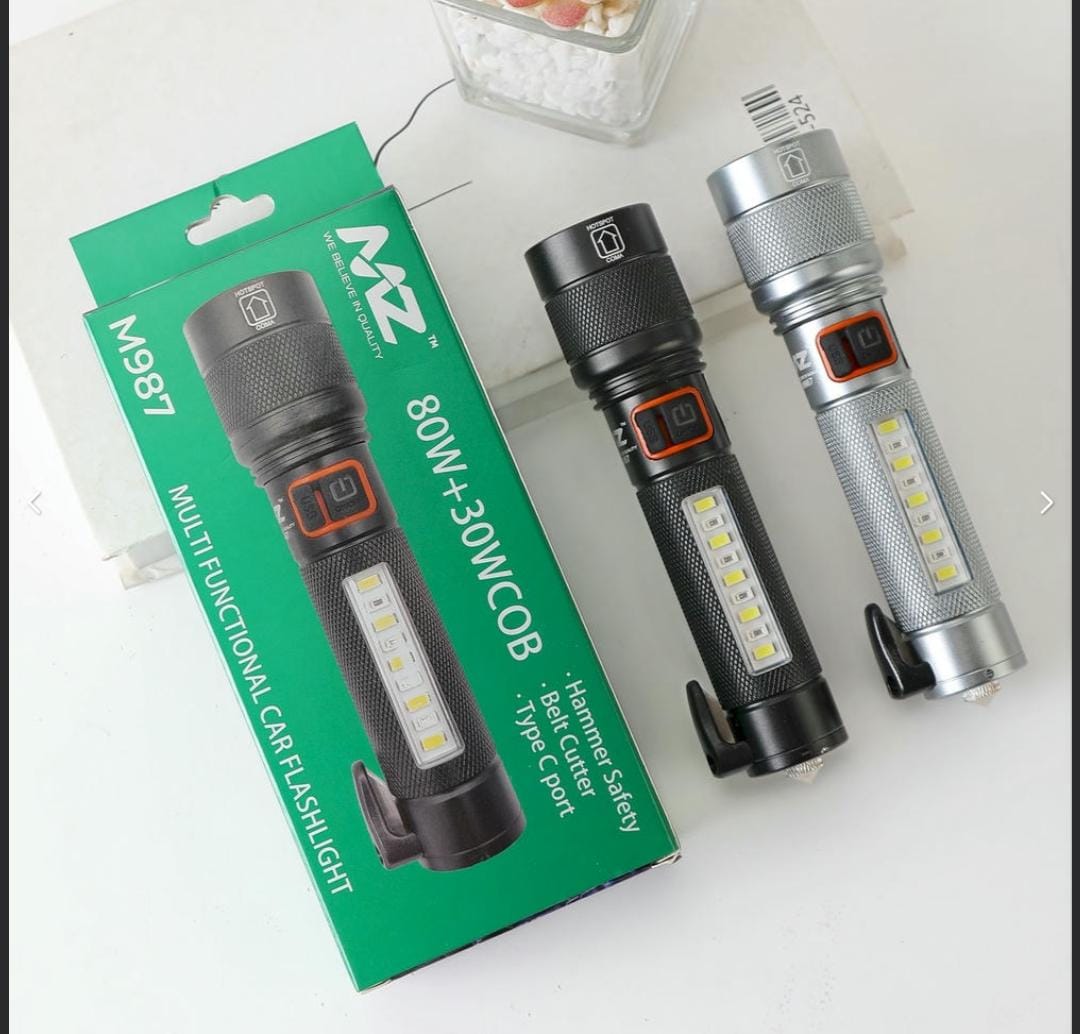 M987 (RECHARGEABLE LED METAL TORCH) 80W + 30W COB with 1500mAh Battery, 5 Modes with Hammer and Seatbelt cutter Zoomable.