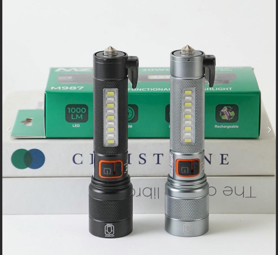 M987 (RECHARGEABLE LED METAL TORCH) 80W + 30W COB with 1500mAh Battery, 5 Modes with Hammer and Seatbelt cutter Zoomable.