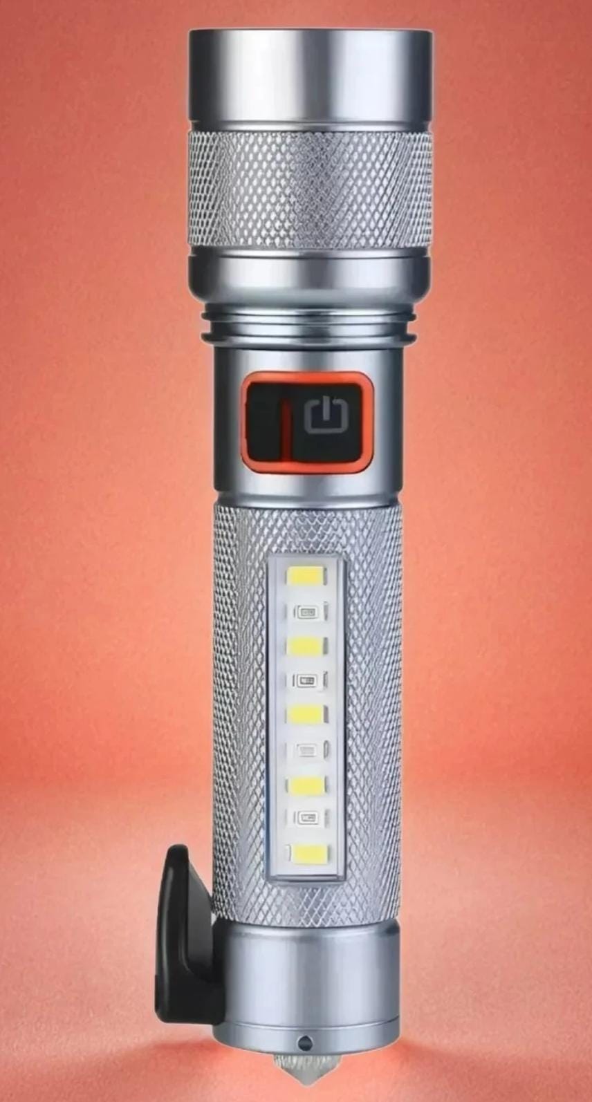 M987 (RECHARGEABLE LED METAL TORCH) 80W + 30W COB with 1500mAh Battery, 5 Modes with Hammer and Seatbelt cutter Zoomable.