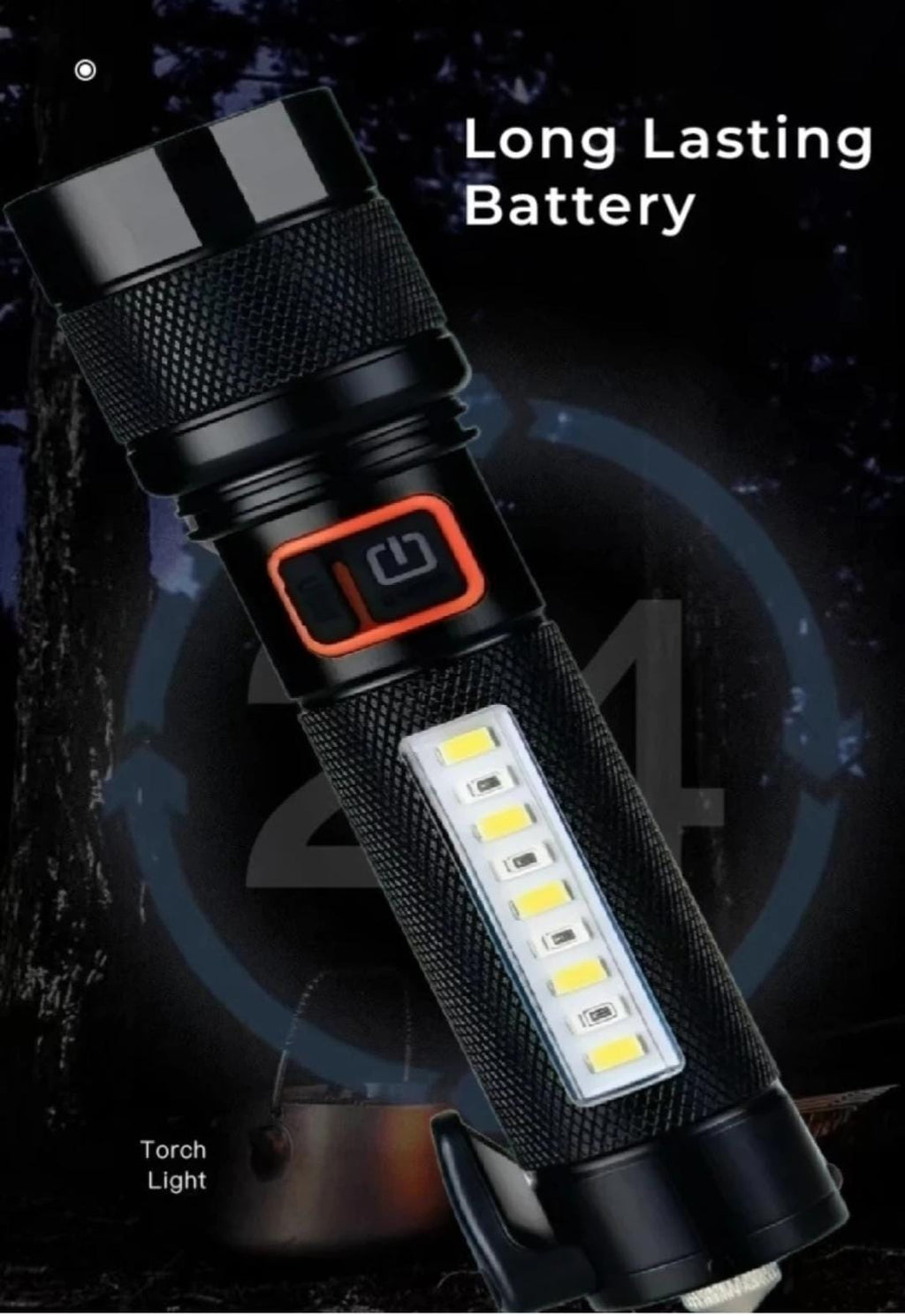 M987 (RECHARGEABLE LED METAL TORCH) 80W + 30W COB with 1500mAh Battery, 5 Modes with Hammer and Seatbelt cutter Zoomable.