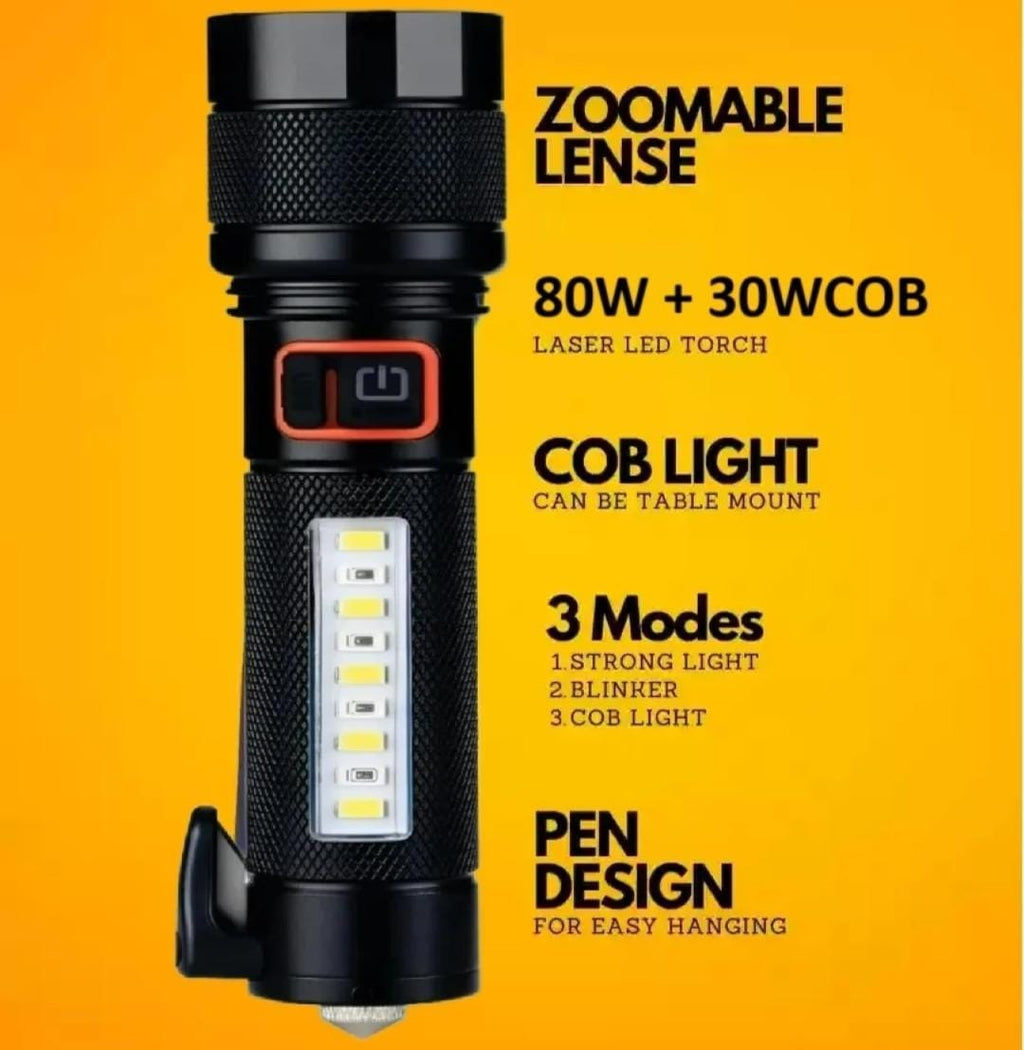 M987 (RECHARGEABLE LED METAL TORCH) 80W + 30W COB with 1500mAh Battery, 5 Modes with Hammer and Seatbelt cutter Zoomable.