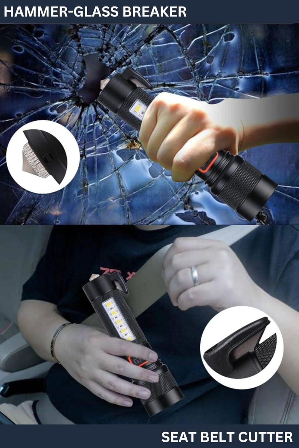 M987 (RECHARGEABLE LED METAL TORCH) 80W + 30W COB with 1500mAh Battery, 5 Modes with Hammer and Seatbelt cutter Zoomable.