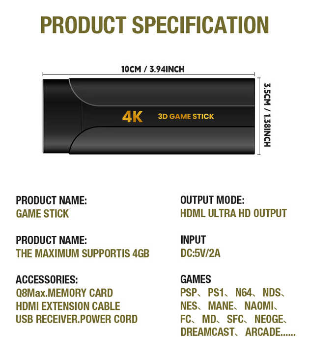 2025 New Wireless Console Retro for TV- 4K Ultra HD Video Gaming Console Retro Game Stick Built-in 30000+ Classic Games Dual-Player Setup, 2.4G Wireless Game Stick