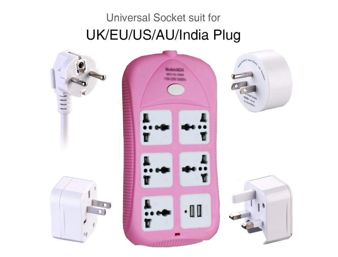 Power Strip Extension Cord with 2 USB Ports and 5 Three Way Outlets Surge Protection Power Strip Universal Power Socket with 2 Meter Wire - Assorted