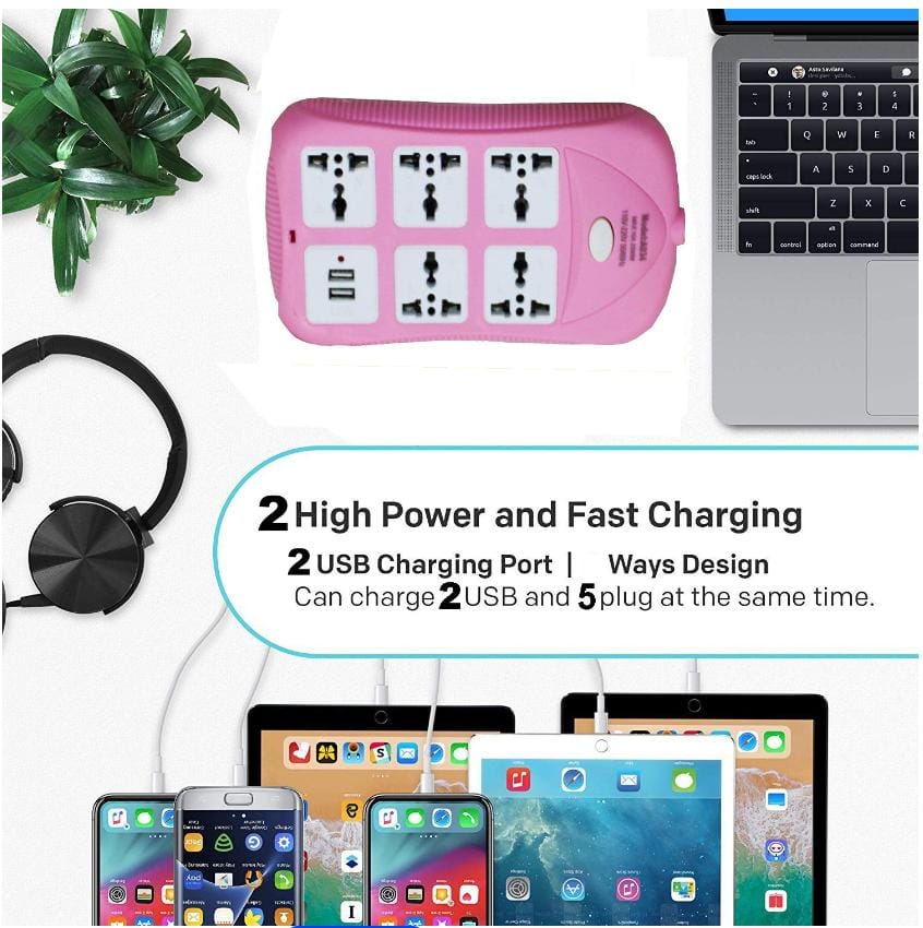 Power Strip Extension Cord with 2 USB Ports and 5 Three Way Outlets Surge Protection Power Strip Universal Power Socket with 2 Meter Wire - Assorted