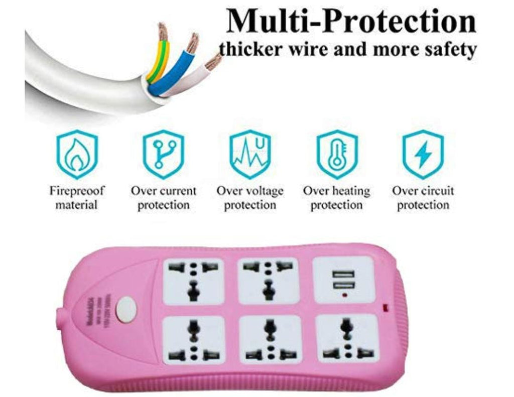 Power Strip Extension Cord with 2 USB Ports and 5 Three Way Outlets Surge Protection Power Strip Universal Power Socket with 2 Meter Wire - Assorted