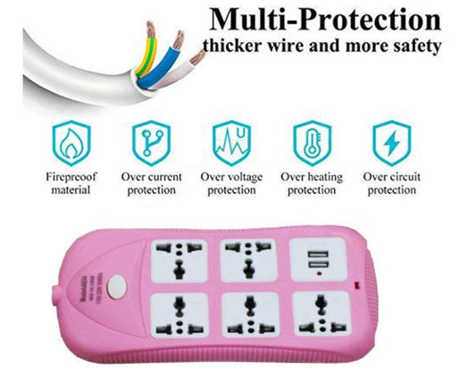 Power Strip Extension Cord with 2 USB Ports and 5 Three Way Outlets Surge Protection Power Strip Universal Power Socket with 2 Meter Wire - Assorted