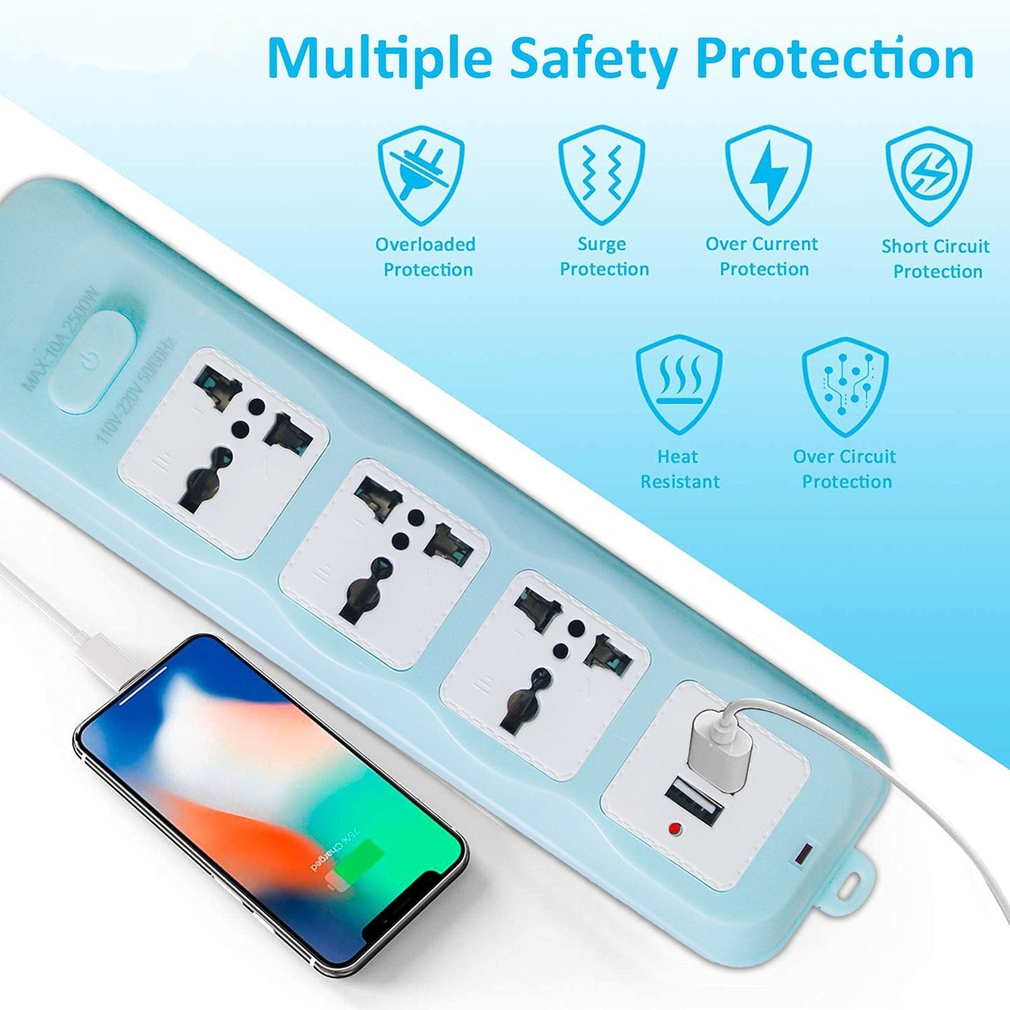 Extension Cord 10A 3Way Board with 2 USB Socket 3 Socket Extension Boards for Multi Use