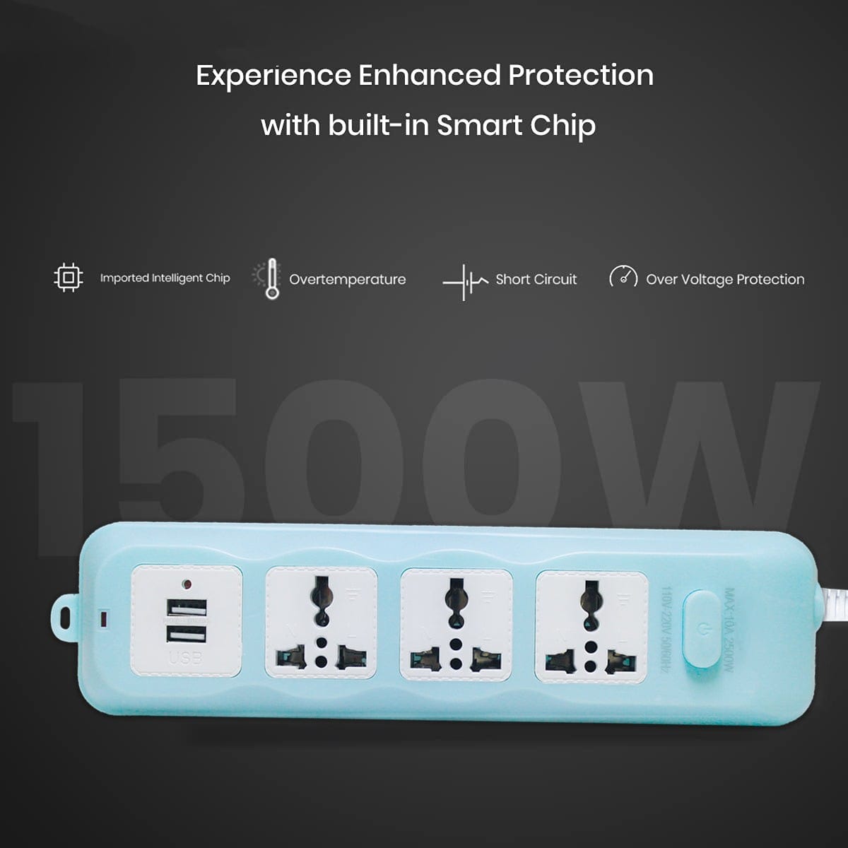 Extension Cord 10A 3Way Board with 2 USB Socket 3 Socket Extension Boards for Multi Use