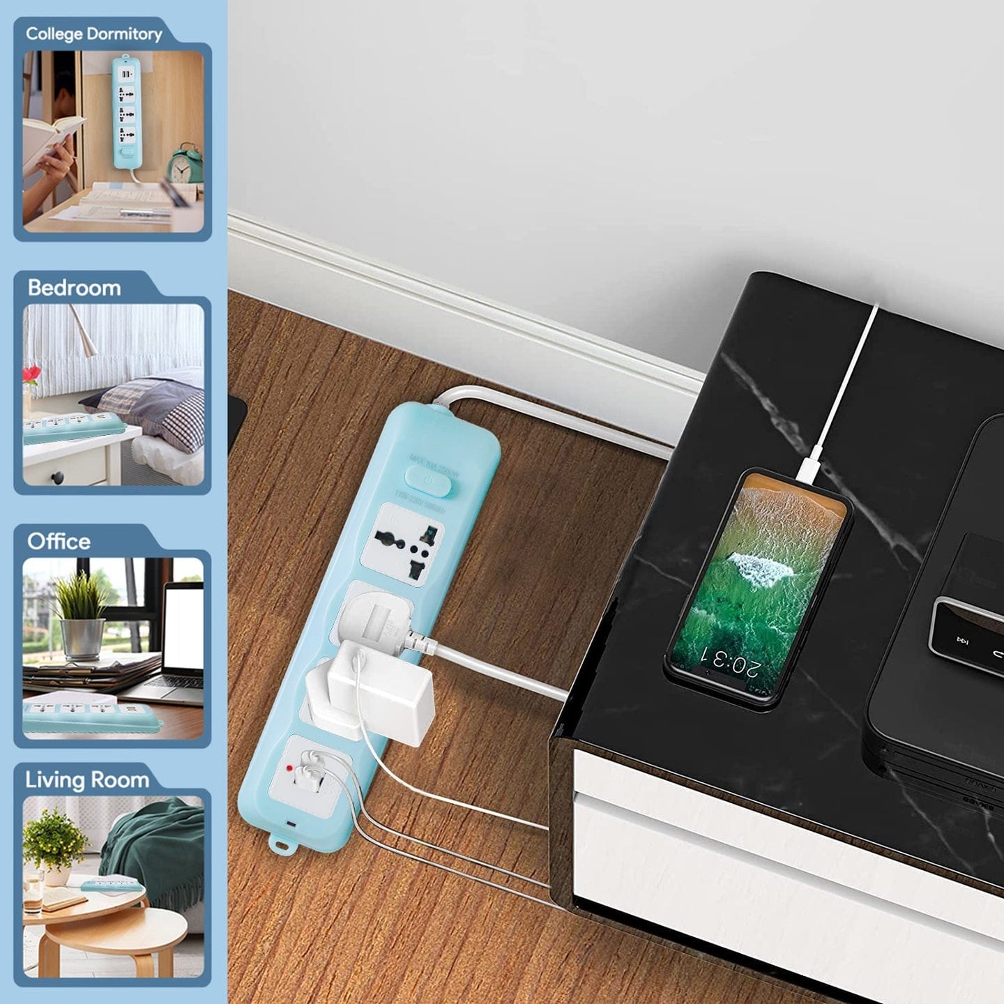 Extension Cord 10A 3Way Board with 2 USB Socket 3 Socket Extension Boards for Multi Use