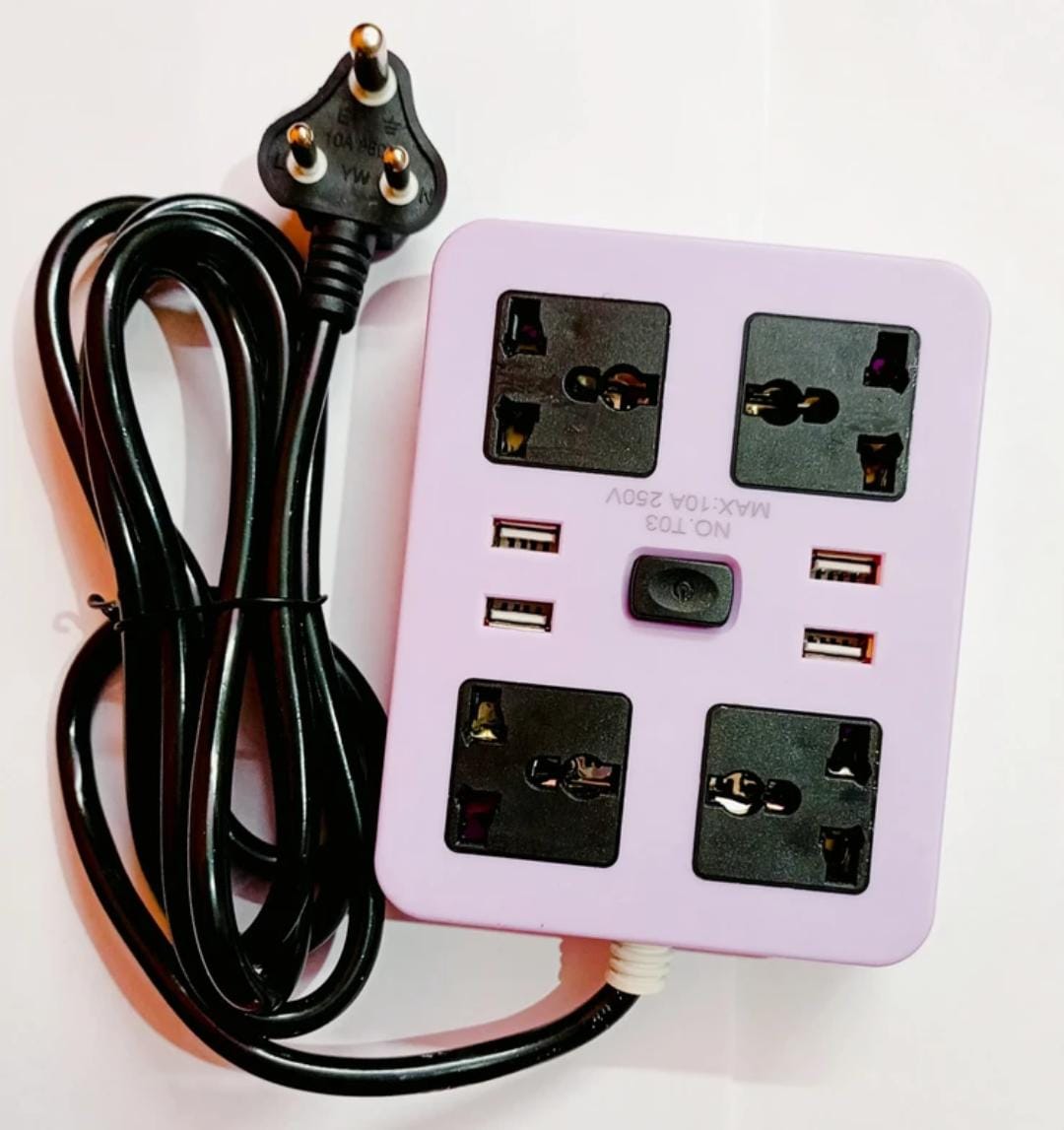 Power Strip Extension Cord with 4 USB Ports and 4 Three Way Outlets Surge Protection Power Strip Universal Power Socket with 1.8 Meter Wire - Assorted Colour