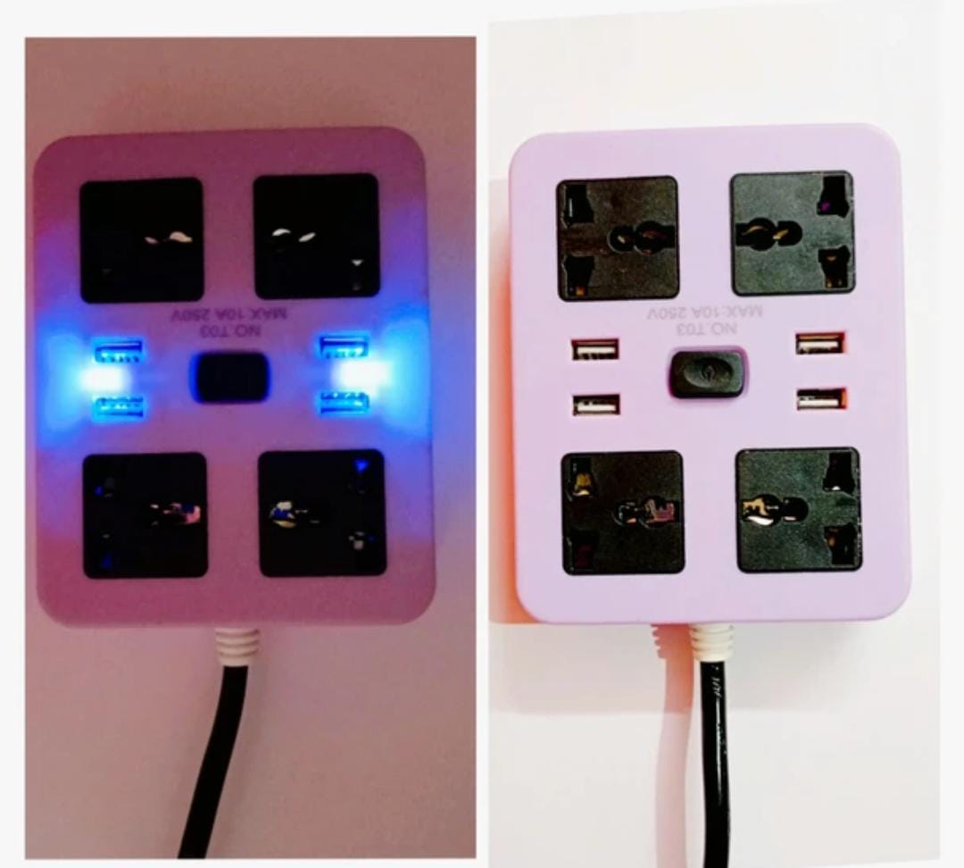 Power Strip Extension Cord with 4 USB Ports and 4 Three Way Outlets Surge Protection Power Strip Universal Power Socket with 1.8 Meter Wire - Assorted Colour