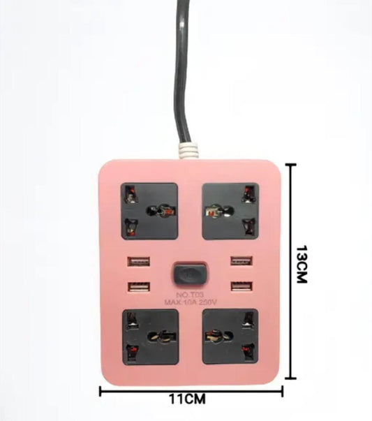 Power Strip Extension Cord with 4 USB Ports and 4 Three Way Outlets Surge Protection Power Strip Universal Power Socket with 1.8 Meter Wire - Assorted Colour