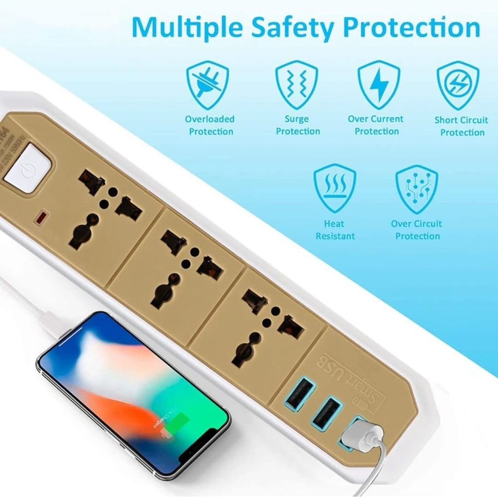 Extension Cord 10A 3Way Board with 3 USB Socket 3 Socket Extension Boards for Multi Use