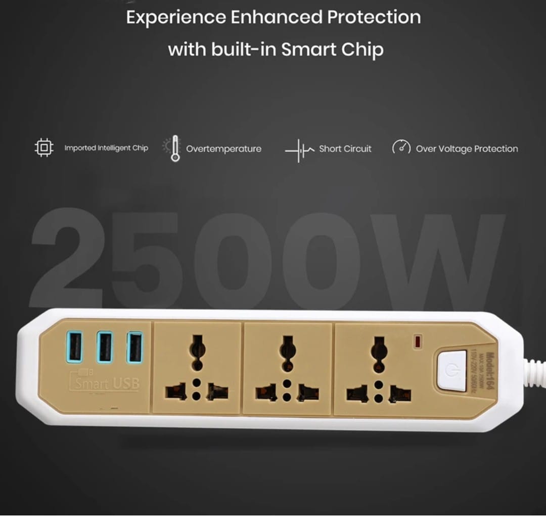 Extension Cord 10A 3Way Board with 3 USB Socket 3 Socket Extension Boards for Multi Use