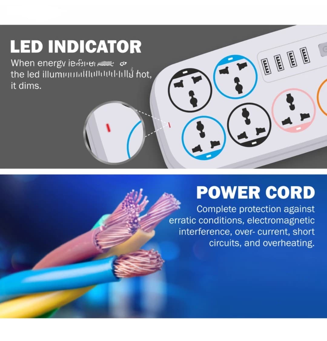 Extension Board/Cords with 4 USB port With 6 Socket for Multiple Devices 2500W 6 Socket Extension Boards