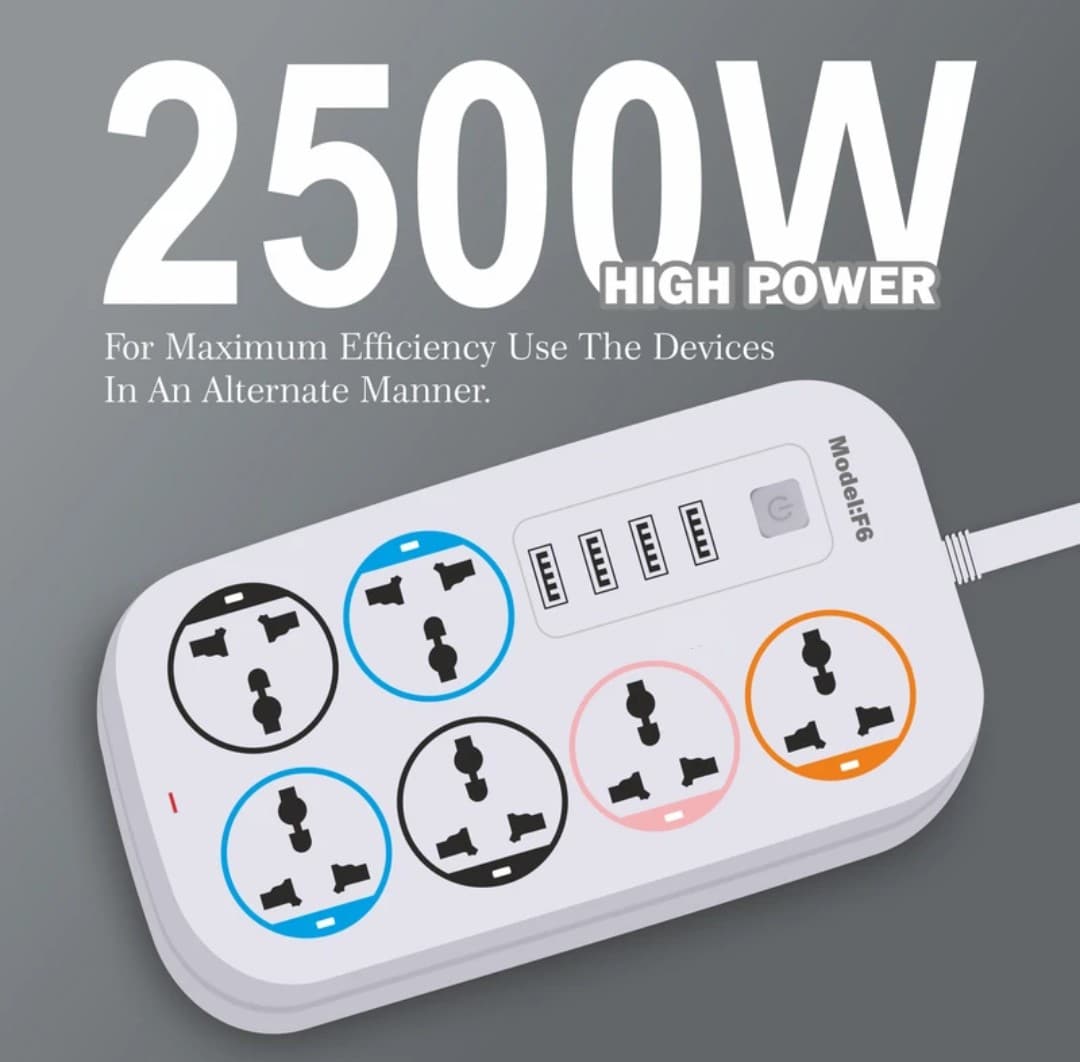 Extension Board/Cords with 4 USB port With 6 Socket for Multiple Devices 2500W 6 Socket Extension Boards