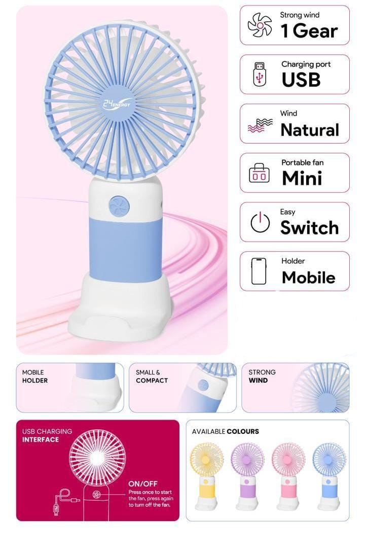 Mini Portable Hand Fan - USB Rechargeable Fan with Base for Travel  , Office , Kitchen, Face Makeup and Outdoor Use - for Women and Men
