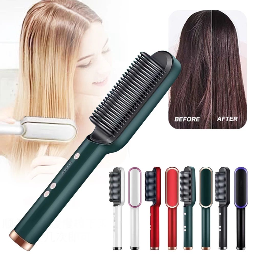 Hair Straightener Brush Iron with Comb – Fast Heating, 5 Temp Settings & Anti-Scald Design for Smooth, Sleek Styling