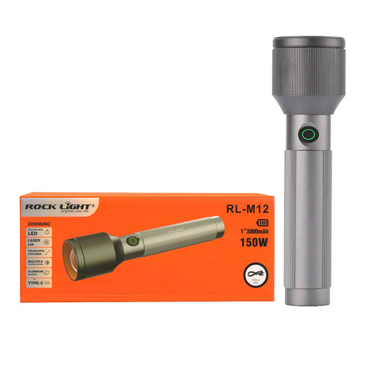 Rocklight RL-M12 150W LED Torch | 3000mAh Battery | Type-C Rechargeable | Green Light for Camping, Hiking & Emergencies