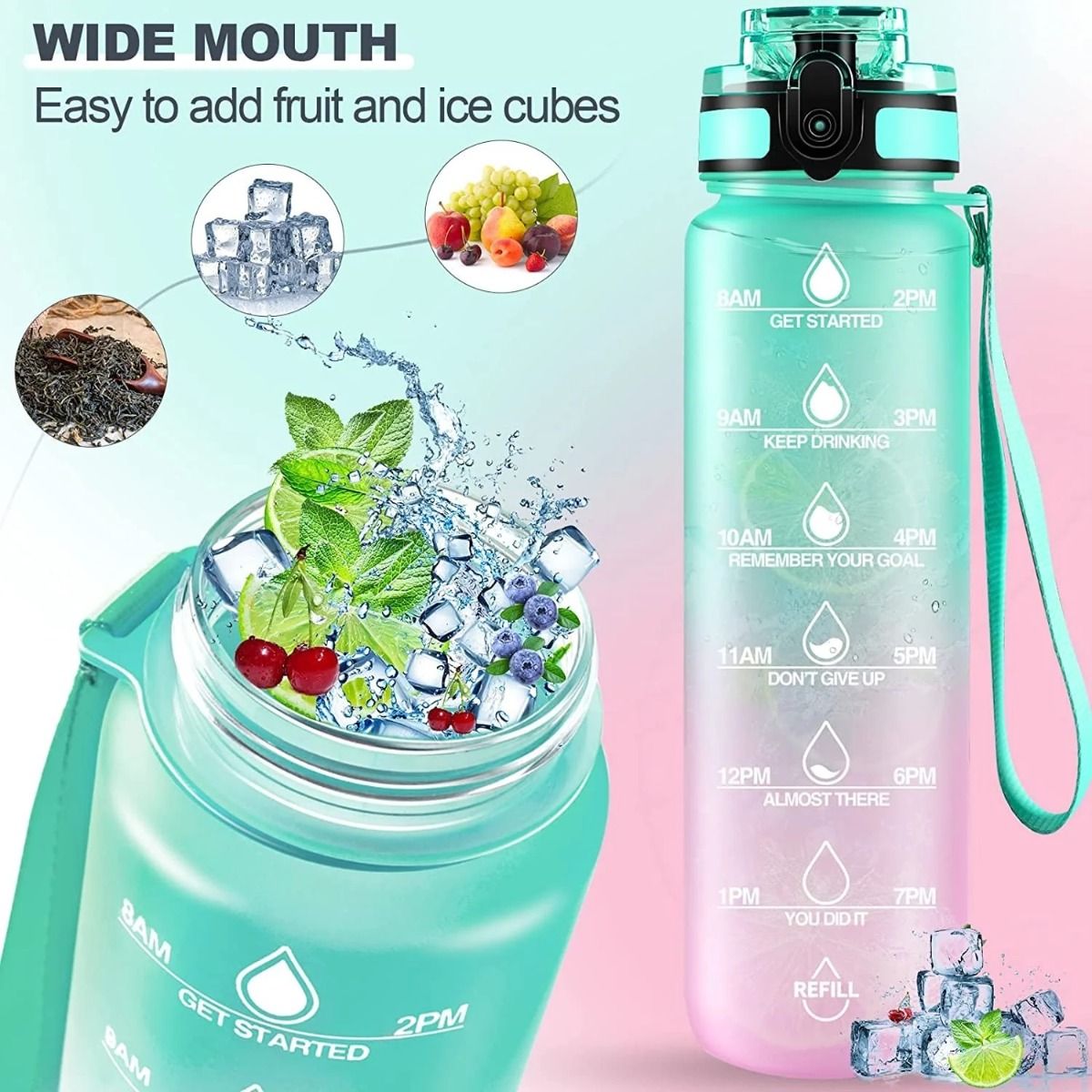1L Motivational Water Bottle with Time Markers & Straw – Leakproof, BPA-Free, and Portable for Gym, Travel & Office